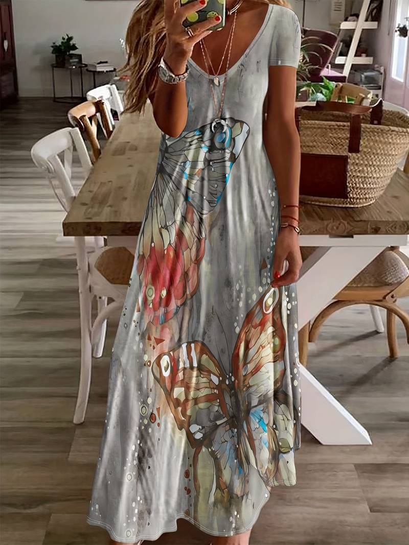 Kriemhild - Kleid Mit V-Ausschnitt Und Schmetterlingsdruck Für Frühling Und Sommer