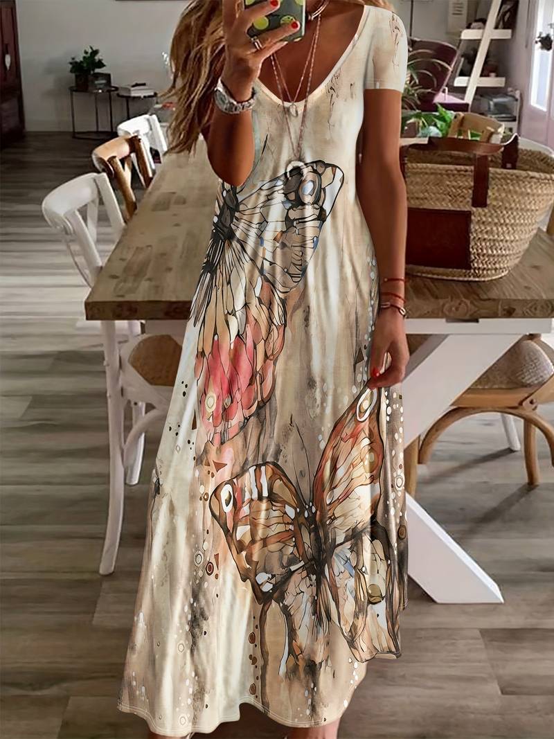 Kriemhild - Kleid Mit V-Ausschnitt Und Schmetterlingsdruck Für Frühling Und Sommer