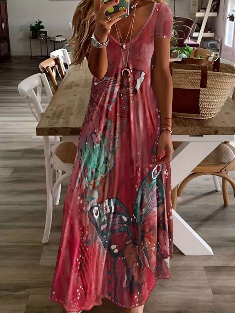 Kriemhild - Kleid Mit V-Ausschnitt Und Schmetterlingsdruck Für Frühling Und Sommer