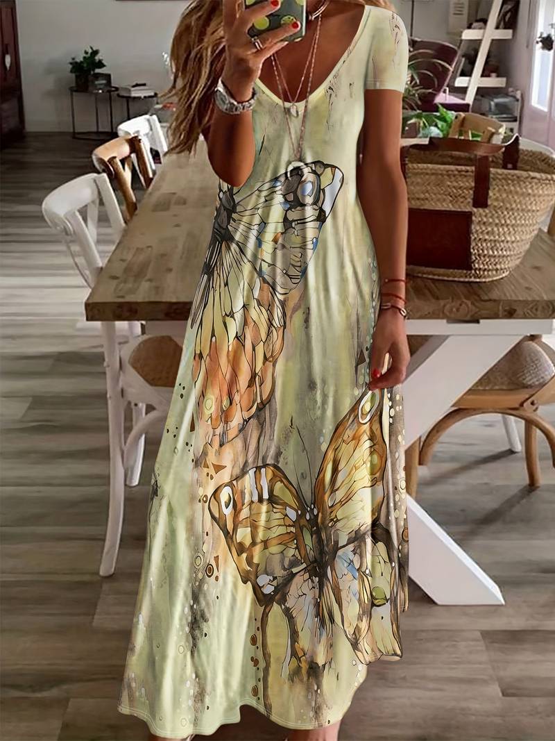 Kriemhild - Kleid Mit V-Ausschnitt Und Schmetterlingsdruck Für Frühling Und Sommer