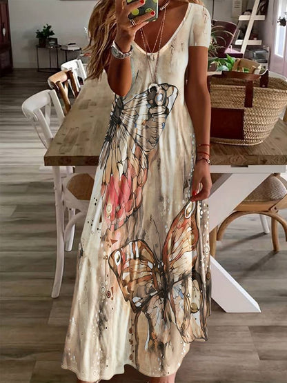 Kriemhild - Kleid Mit V-Ausschnitt Und Schmetterlingsdruck Für Frühling Und Sommer