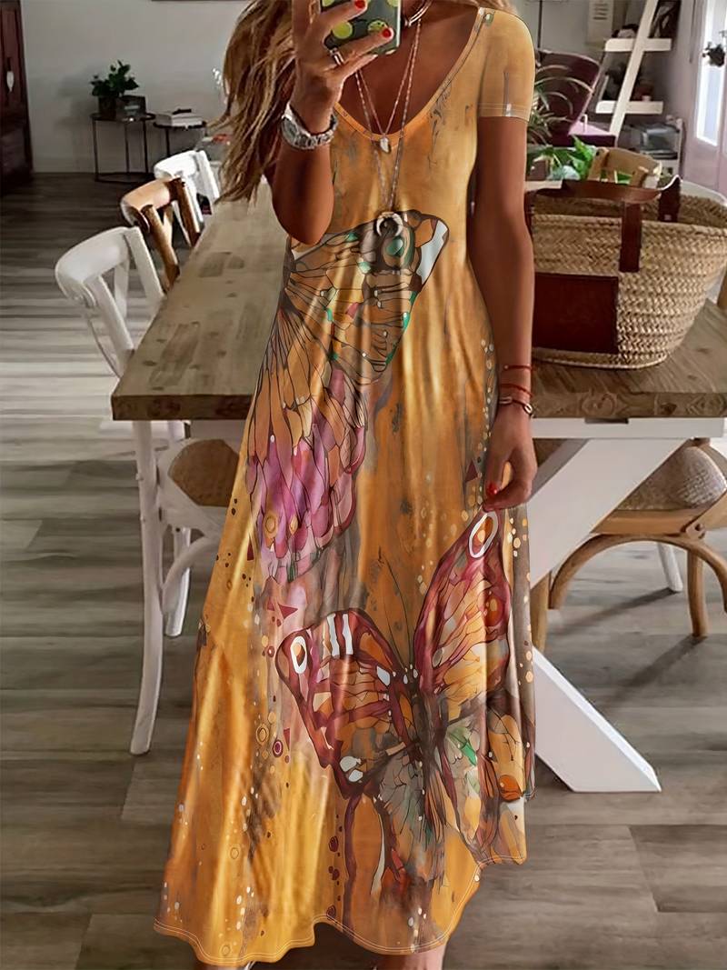 Kriemhild - Kleid Mit V-Ausschnitt Und Schmetterlingsdruck Für Frühling Und Sommer