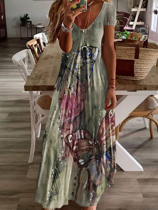 Kriemhild - Kleid Mit V-Ausschnitt Und Schmetterlingsdruck Für Frühling Und Sommer