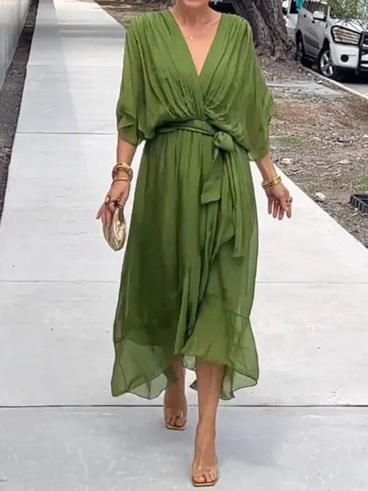 Jorinde - Grünes Chiffonkleid Mit V-Ausschnitt