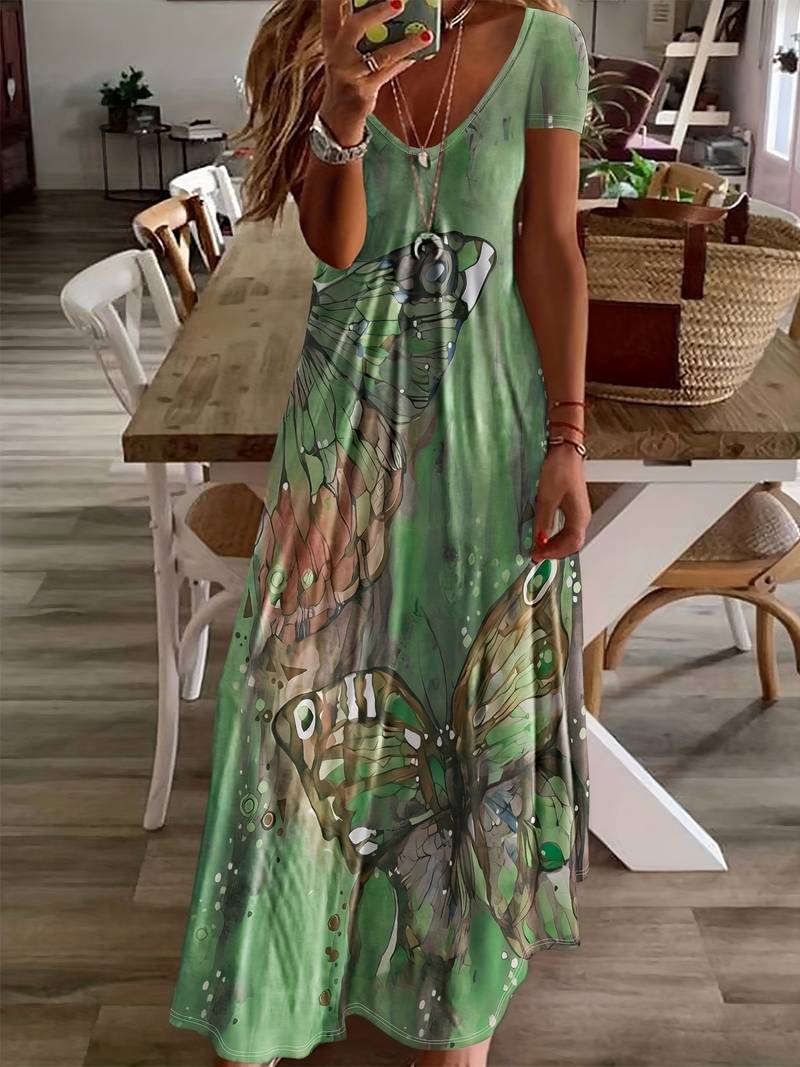 Kriemhild - Kleid Mit V-Ausschnitt Und Schmetterlingsdruck Für Frühling Und Sommer