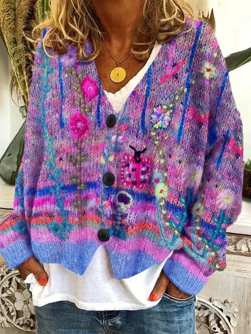 Jorinde – Damen-Cardigan Aus Wollflanell Mit Retro-Print