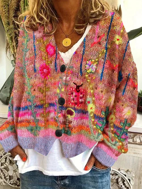 Jorinde – Damen-Cardigan Aus Wollflanell Mit Retro-Print