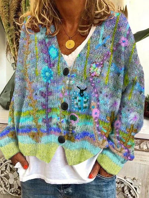 Jorinde – Damen-Cardigan Aus Wollflanell Mit Retro-Print