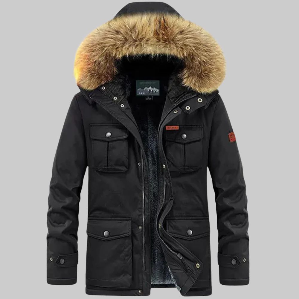 Wasserdichte schwarze Windjacke für Herren mit warmem Futter und Kunstfellkapuze, ideal für Outdoor-Aktivitäten und kaltes Wetter.